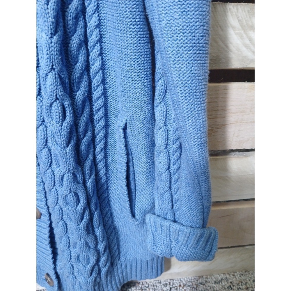 LL Bean Women's Blue Cotton Cable Knit Cardigan Sweater Size Medium Button Front - Picture 8 of 9